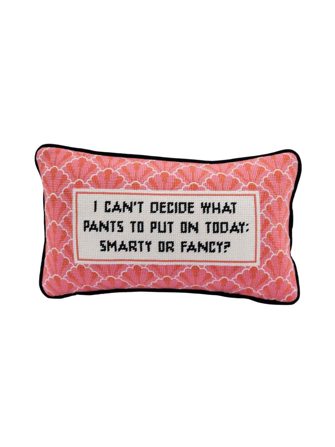 Ileana Makri needlepoint pillow with pink scallop pattern and humorous text on a plush velvet backing.