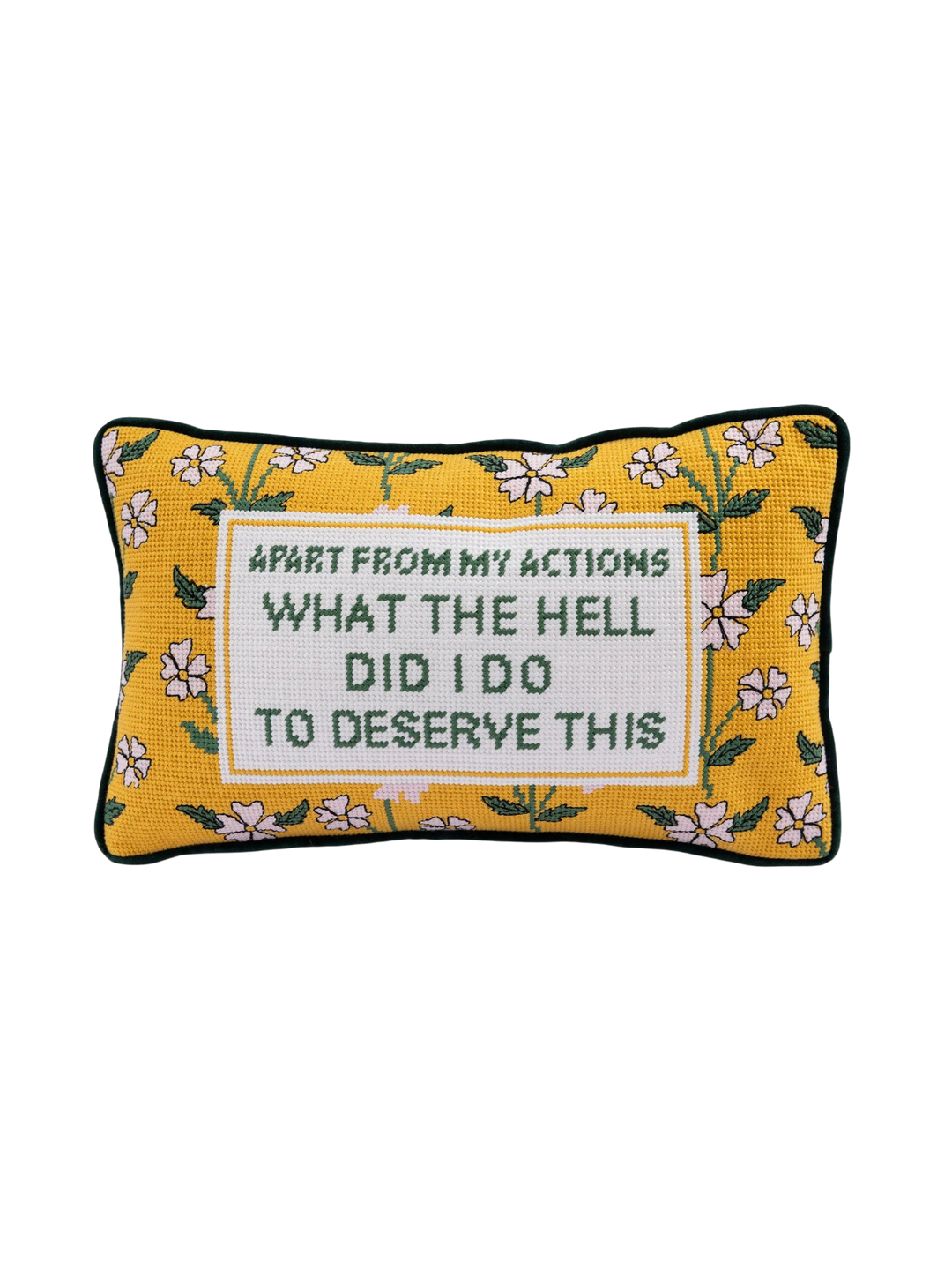Ileana Makri needlepoint pillow featuring a yellow floral pattern and the embroidered phrase What the Hell Did I Do