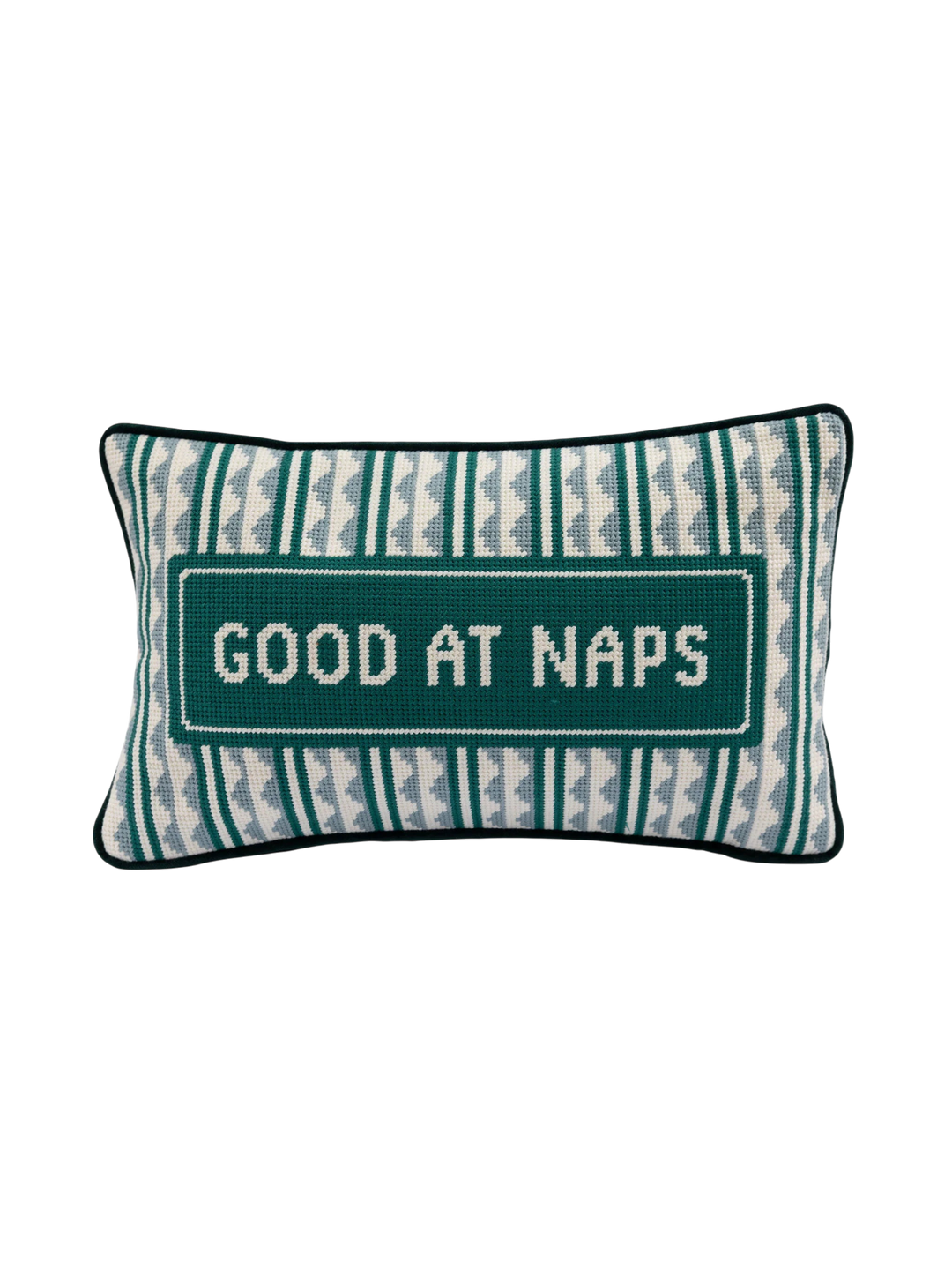 Ileana Makri Good at Naps needlepoint pillow with green and white geometric pattern and velvet backing