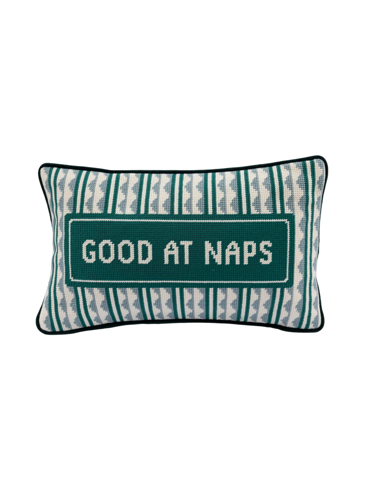 Ileana Makri Good at Naps needlepoint pillow with green and white geometric pattern and velvet backing