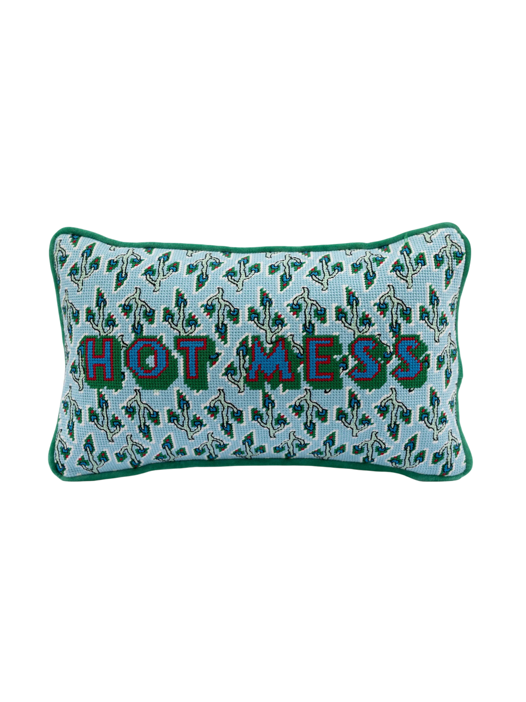 Ileana Makri Hot Mess needlepoint pillow with light blue cactus pattern and green velvet trim