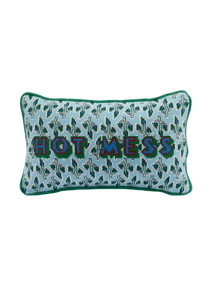 Ileana Makri Hot Mess needlepoint pillow with light blue cactus pattern and green velvet trim