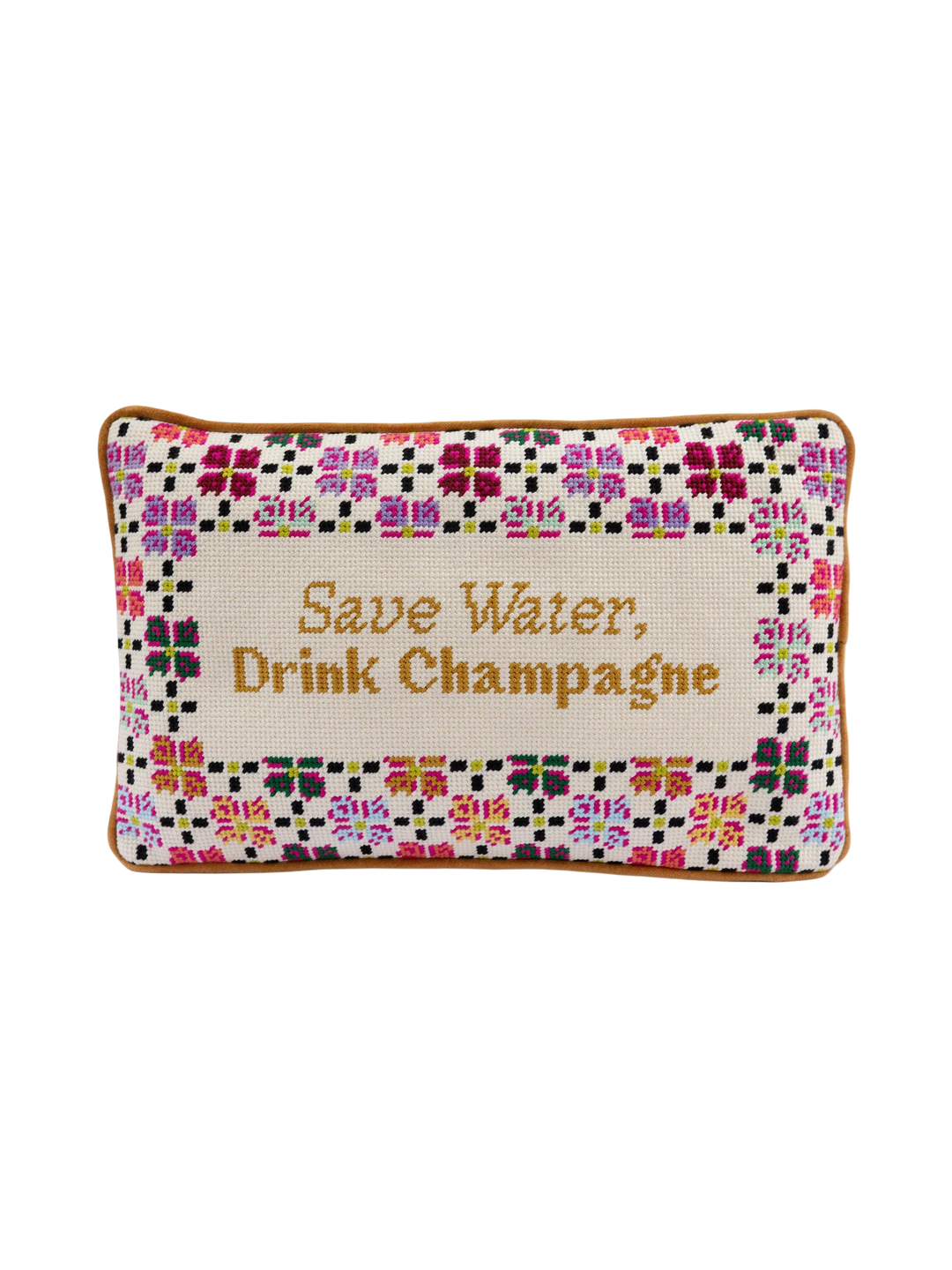 Ileana Makri rectangular needlepoint pillow featuring a floral border and the phrase Save Water, Drink Champagne.