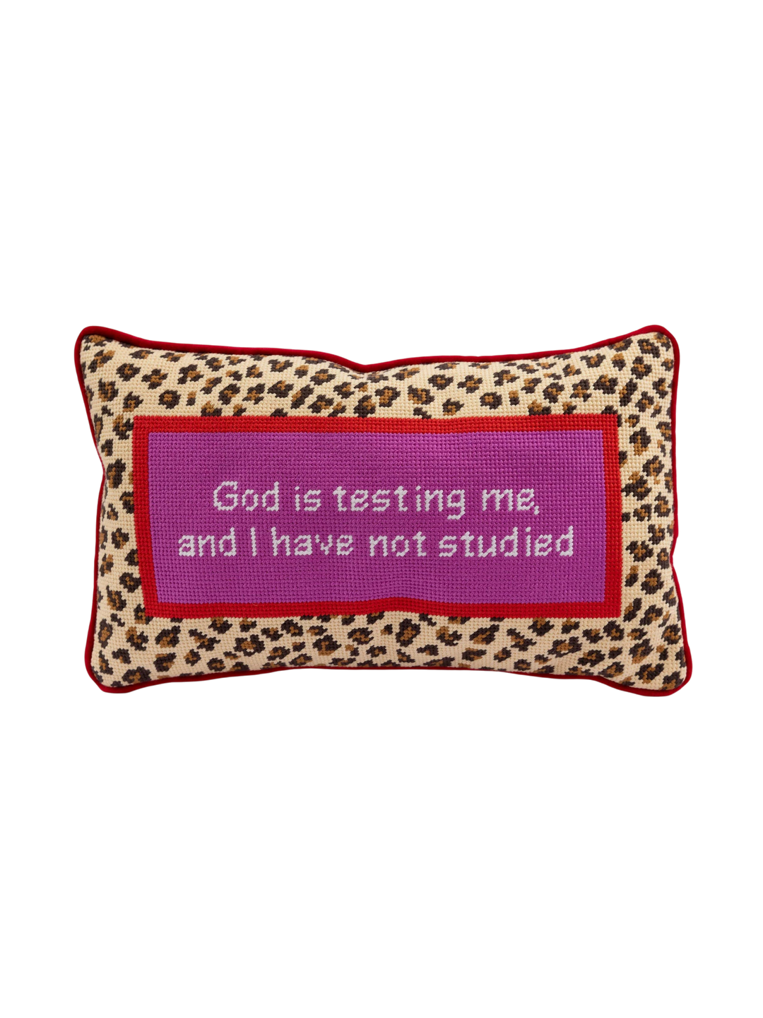 Ileana Makri needlepoint pillow featuring a leopard print border, purple center, and the text God is testing me