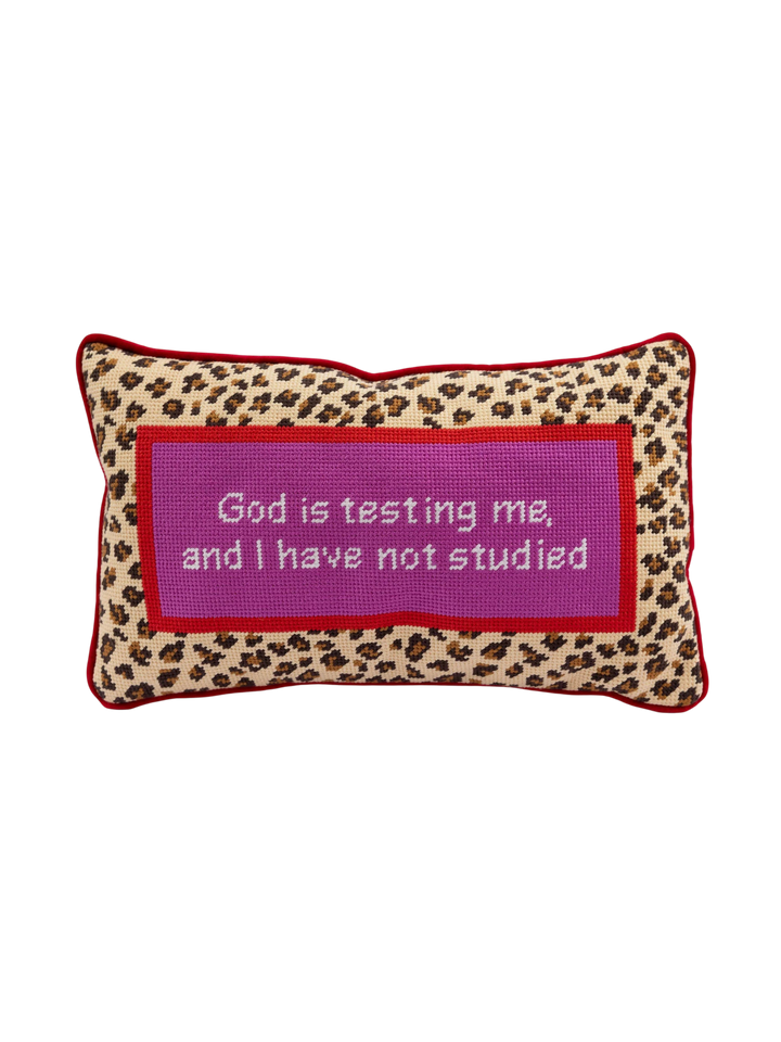 Ileana Makri needlepoint pillow featuring a leopard print border, purple center, and the text God is testing me