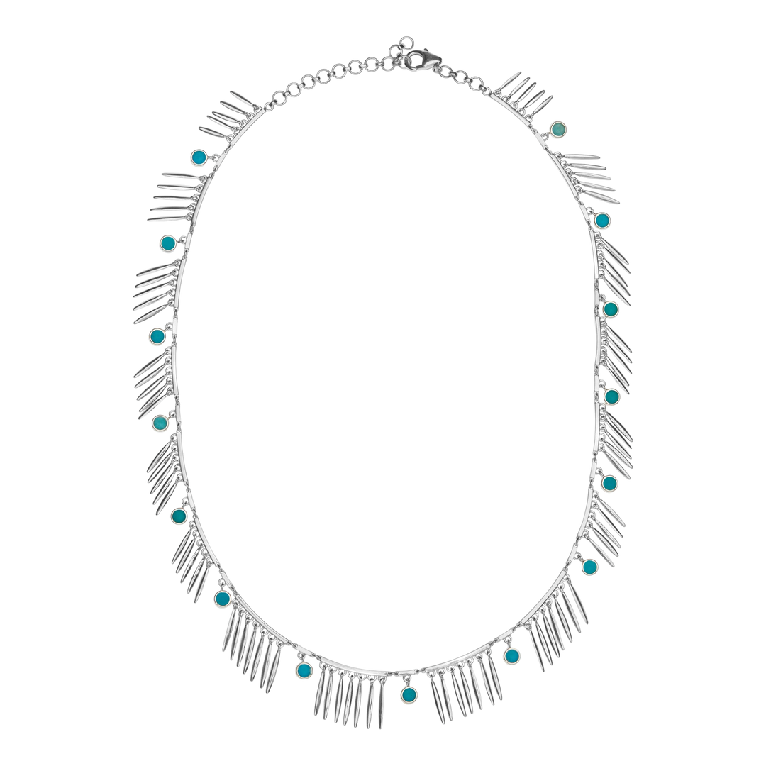 Ileana Makri Grass Sunny necklace in sterling silver with dangling turquoise stones and grass blade motifs.
