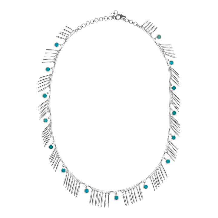 Ileana Makri Grass Sunny necklace in sterling silver with dangling turquoise stones and grass blade motifs.