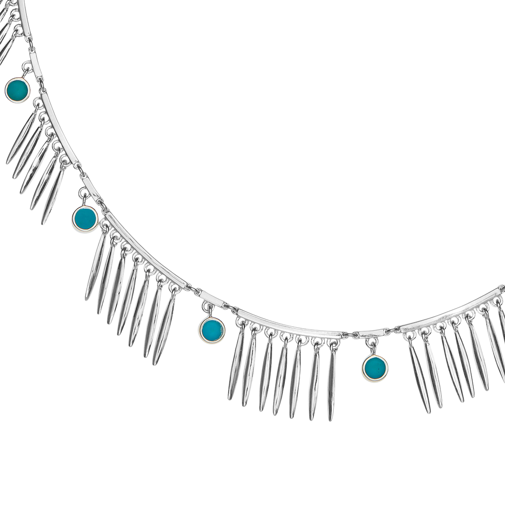 Ileana Makri Grass Sunny necklace featuring polished sterling silver grass blades and bezel-set turquoise stones.