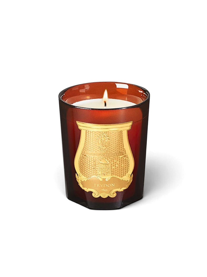 Ileana Makri Cire beeswax candle in an amber glass vessel with a gold embossed Trudon crest label.