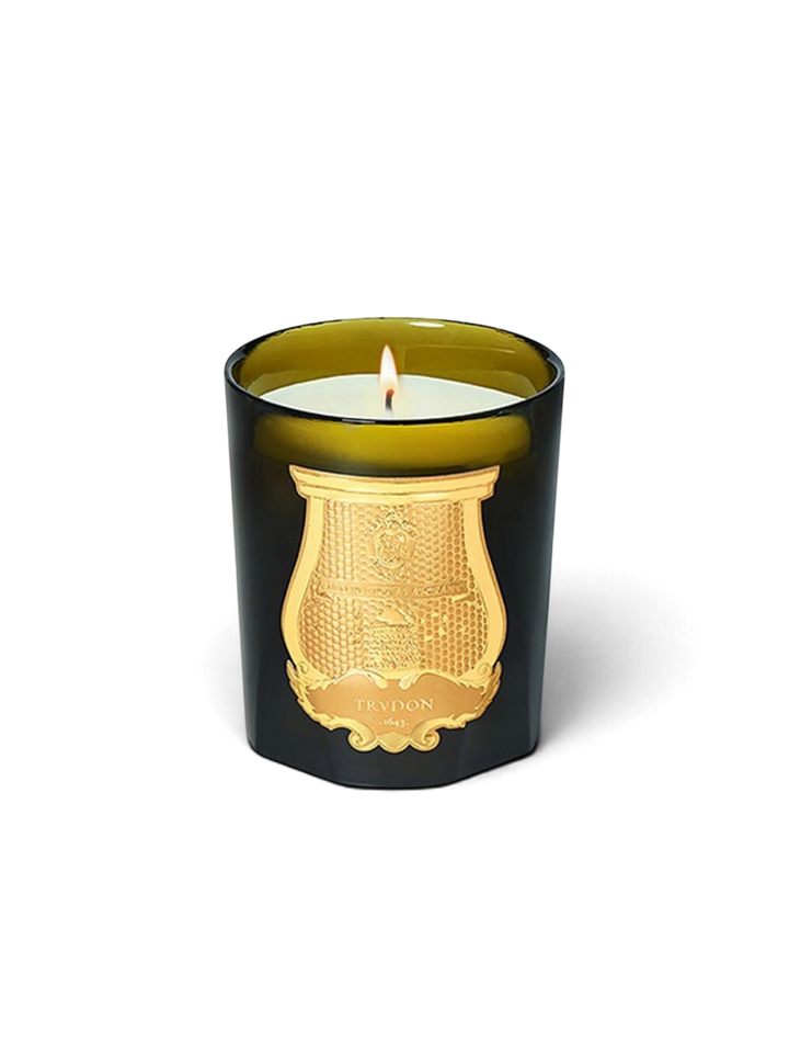 Ileana Makri Gabriel Gourmand Chimney Fire scented candle in a dark green glass vessel with a gold embossed emblem.