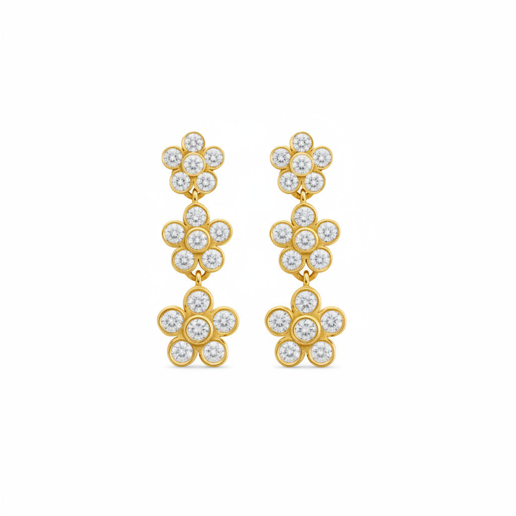 Daisy Trio Flower Earrings in Yellow Gold