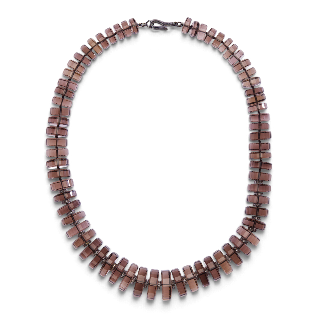 Ileana Makri Aura necklace featuring faceted smoky quartz beads, oxidized silver diamond motifs, and white gold clasp.