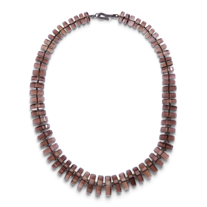 Ileana Makri Aura necklace featuring faceted smoky quartz beads, oxidized silver diamond motifs, and white gold clasp.