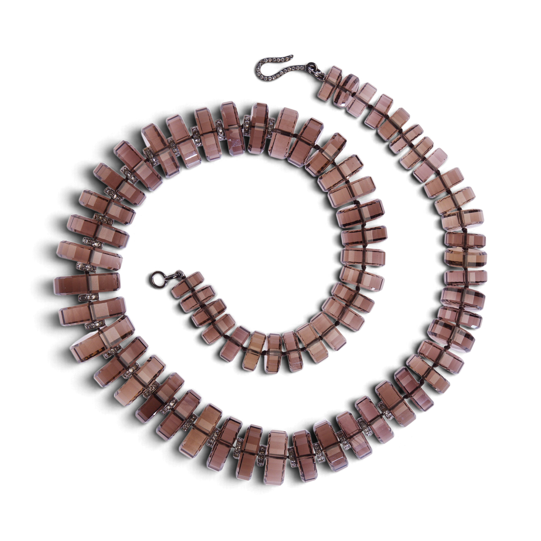 Ileana Makri Aura necklace featuring faceted smoky quartz beads, oxidized sterling silver motifs, and diamond clasp.