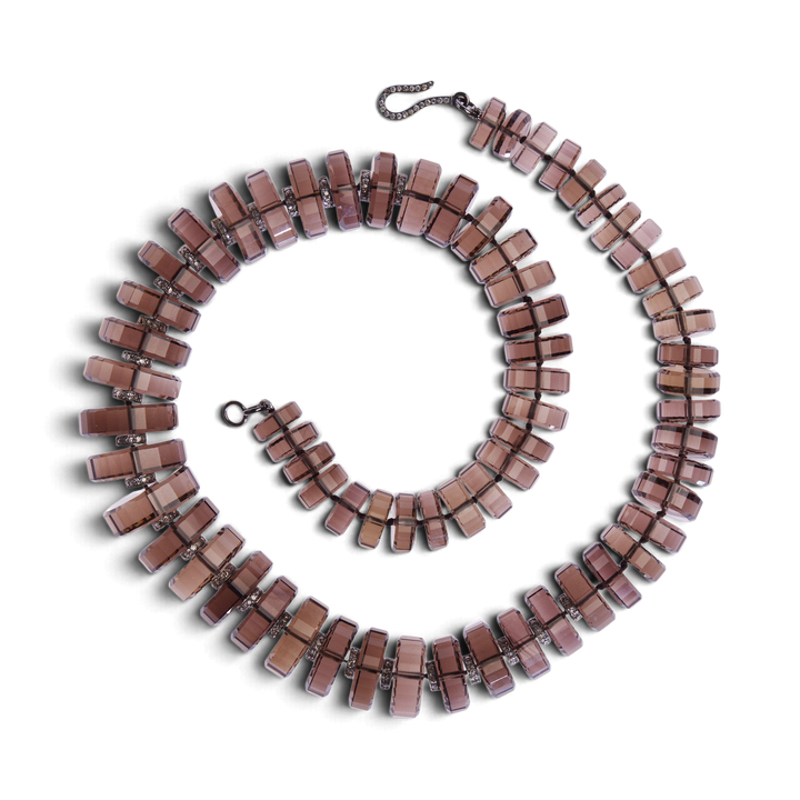 Ileana Makri Aura necklace featuring faceted smoky quartz beads, oxidized sterling silver motifs, and diamond clasp.
