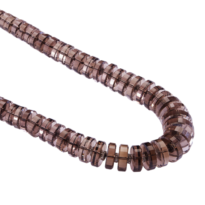 Ileana Makri Aura necklace featuring faceted smoky quartz beads with oxidized sterling silver and diamond accents.