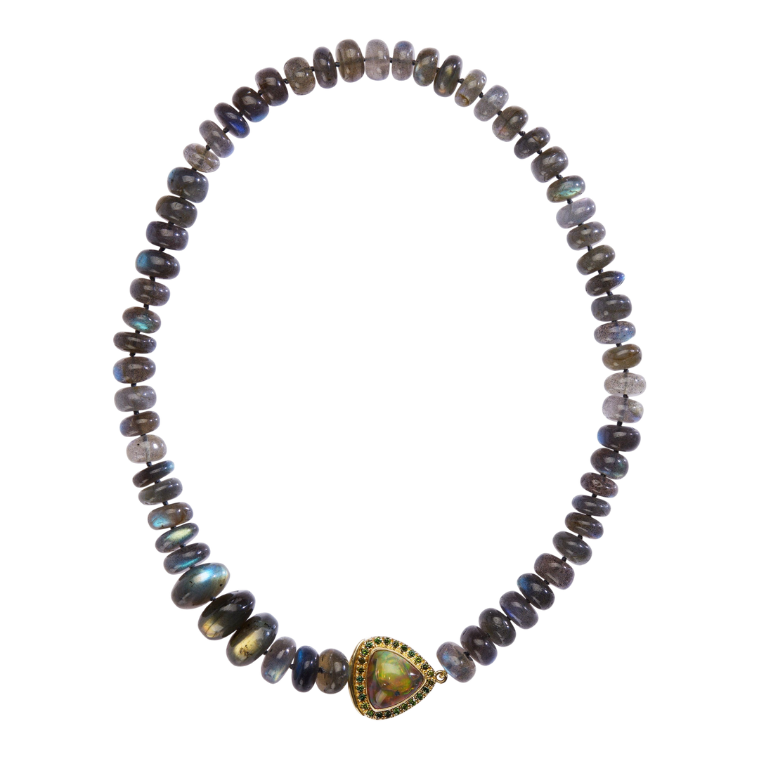 Ileana Makri Aurora necklace featuring labradorite beads, a triangular opal cabochon, 18k yellow gold, and tsavorites.