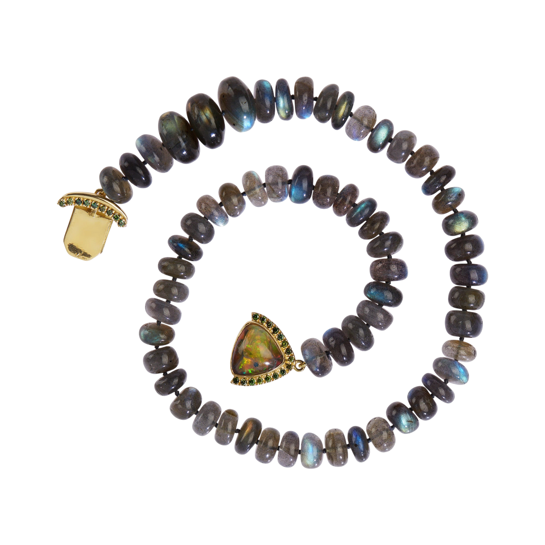 Ileana Makri labradorite bead necklace with a central triangular opal, 18k yellow gold, and tsavorite accents.