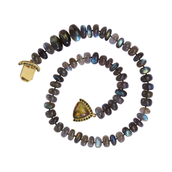 Ileana Makri labradorite bead necklace with a central triangular opal, 18k yellow gold, and tsavorite accents.