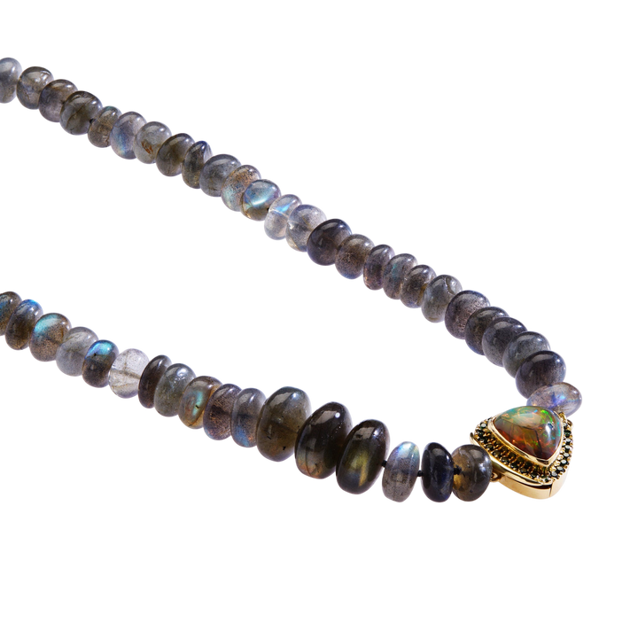 Ileana Makri labradorite bead necklace featuring a triangular opal cabochon in 18k yellow gold with tsavorite accents