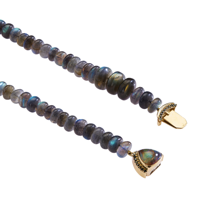 Ileana Makri labradorite bead necklace featuring a triangular opal cabochon, 18k gold, and tsavorite accents.