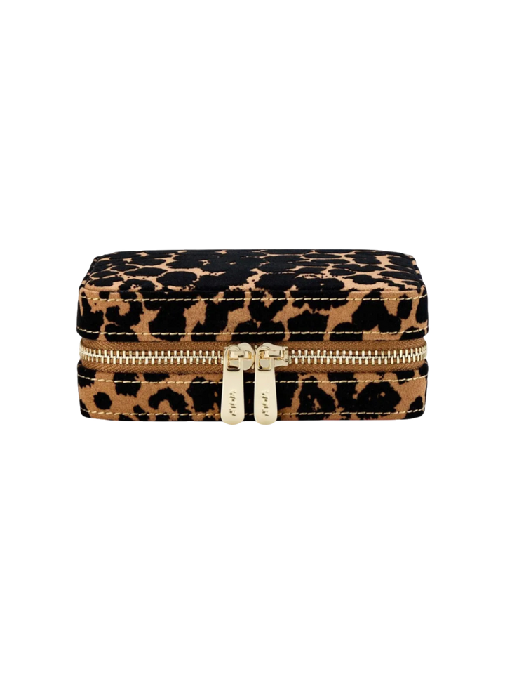 Ileana Makri Savanna leopard print jewelry zip case with gold hardware and nubuck-finish PU material