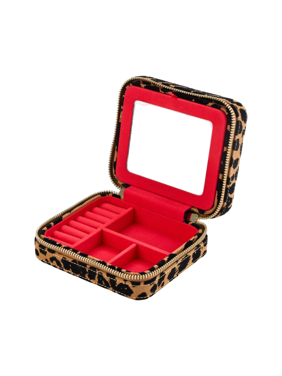 Ileana Makri Savanna leopard print jewelry zip case with red interior, mirror, and organized storage compartments.