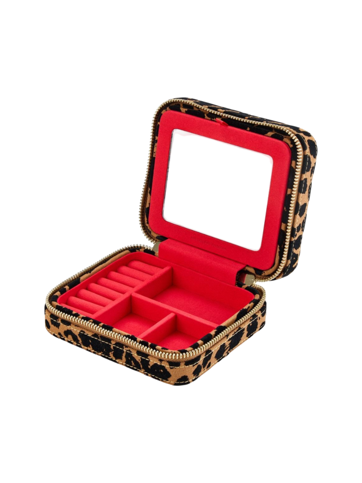 Ileana Makri Savanna leopard print jewelry zip case with red interior, mirror, and organized storage compartments.