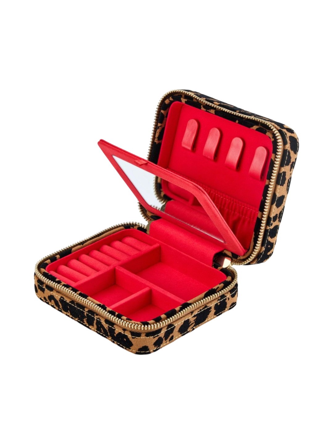 Ileana Makri Savanna leopard print jewelry zip case with vibrant red interior, mirror, and gold hardware.