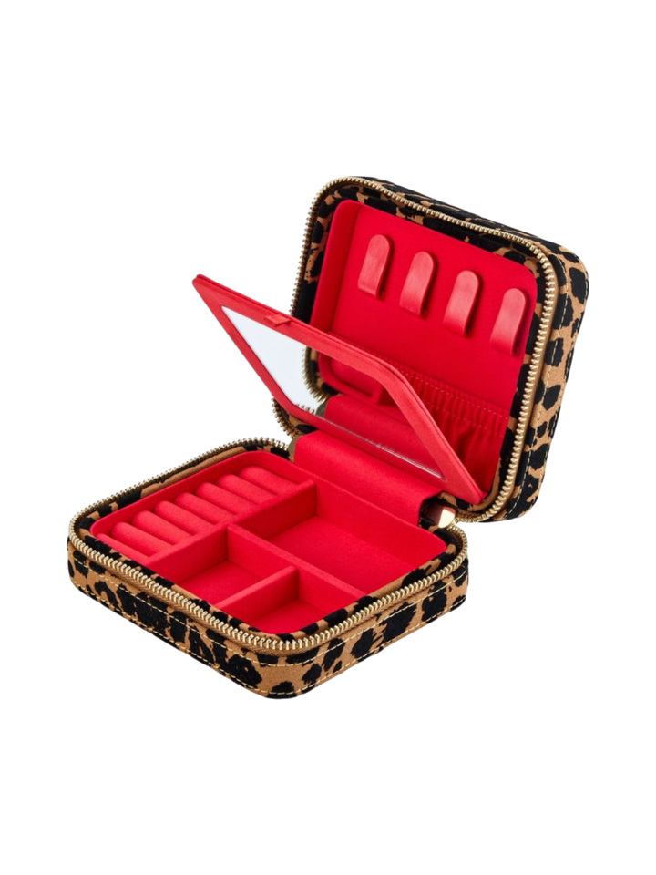 Ileana Makri Savanna leopard print jewelry zip case with vibrant red interior, mirror, and gold hardware.