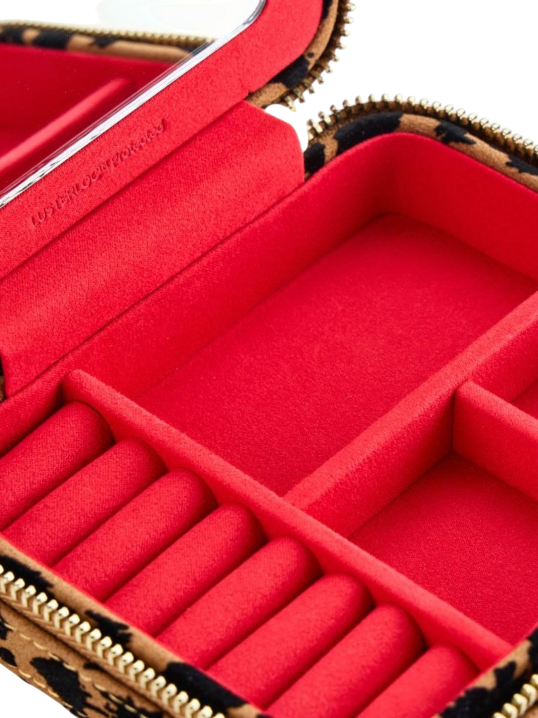 Ileana Makri Savanna leopard print jewelry zip case with vibrant red LusterLoc lining and organized storage compartments