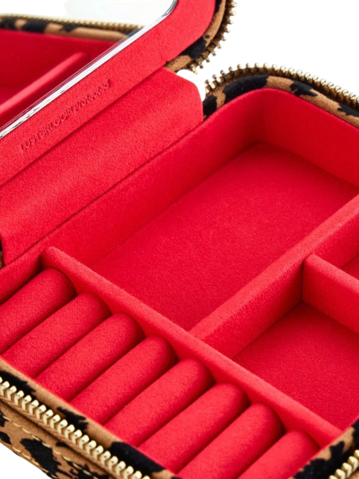 Ileana Makri Savanna leopard print jewelry zip case with vibrant red LusterLoc lining and organized storage compartments