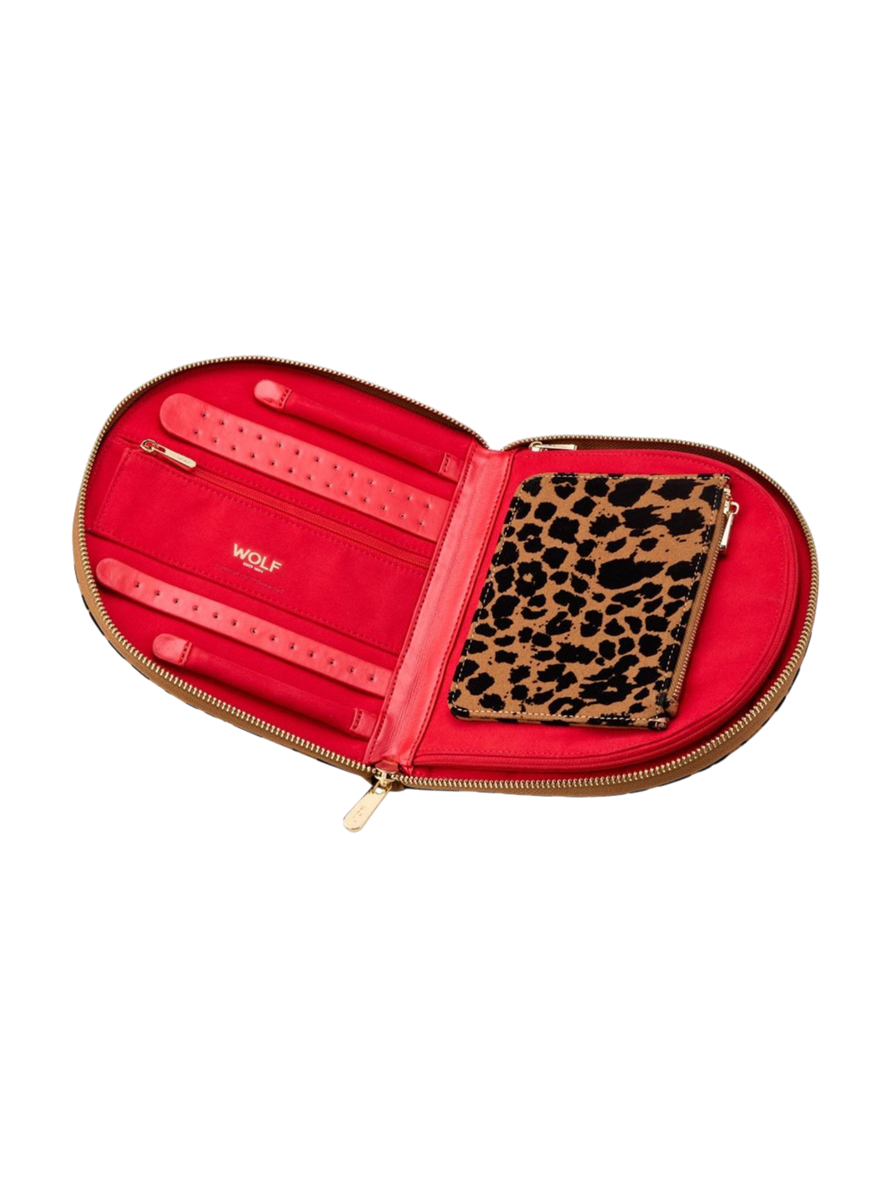 Ileana Makri WOLF Savanna leopard print jewellery portfolio open with red interior, gold hardware, and zip pouch.