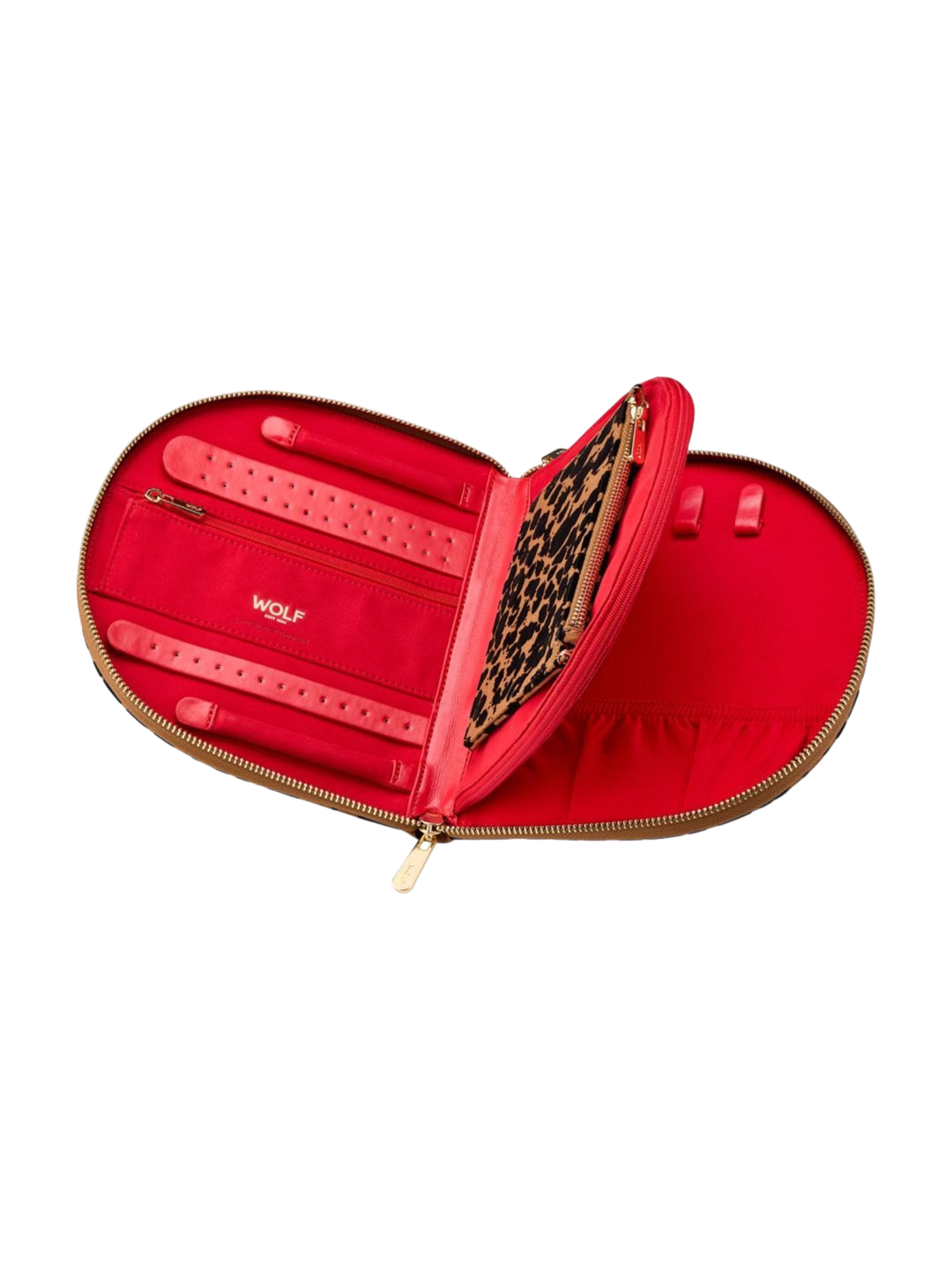 Ileana Makri WOLF Savanna leopard print jewelry portfolio open with red interior, zip pouch, and gold hardware.