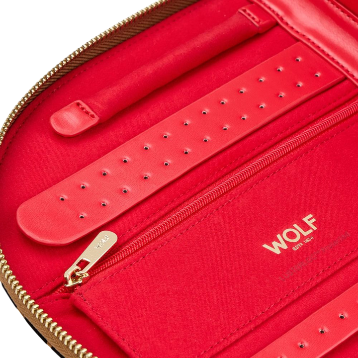 Ileana Makri WOLF Savanna leopard print jewellery portfolio interior with red lining, zip pocket, and stud holders