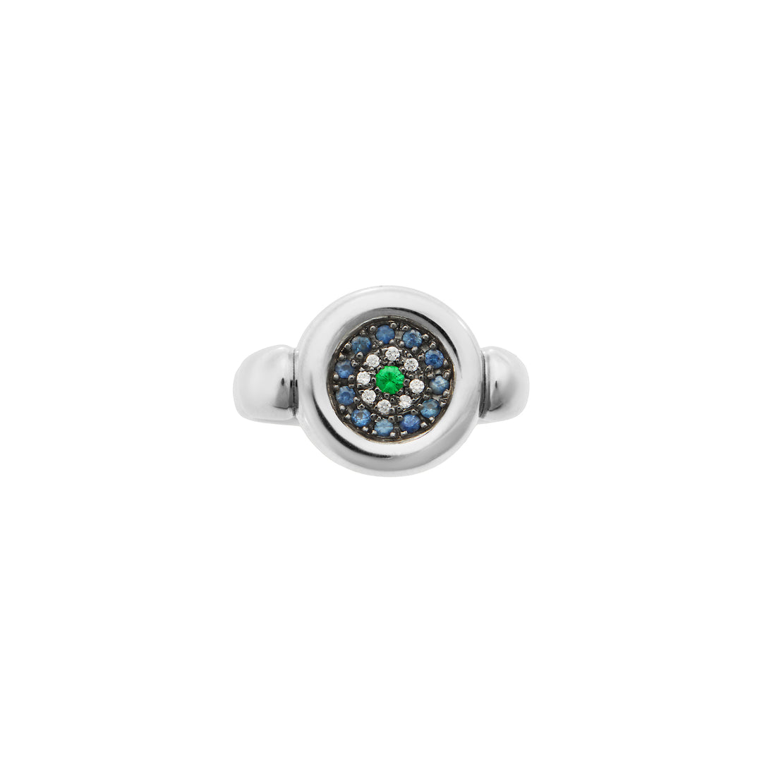 Round Eye Ring —  Blue Sapphires, White Diamonds & Tsavorite