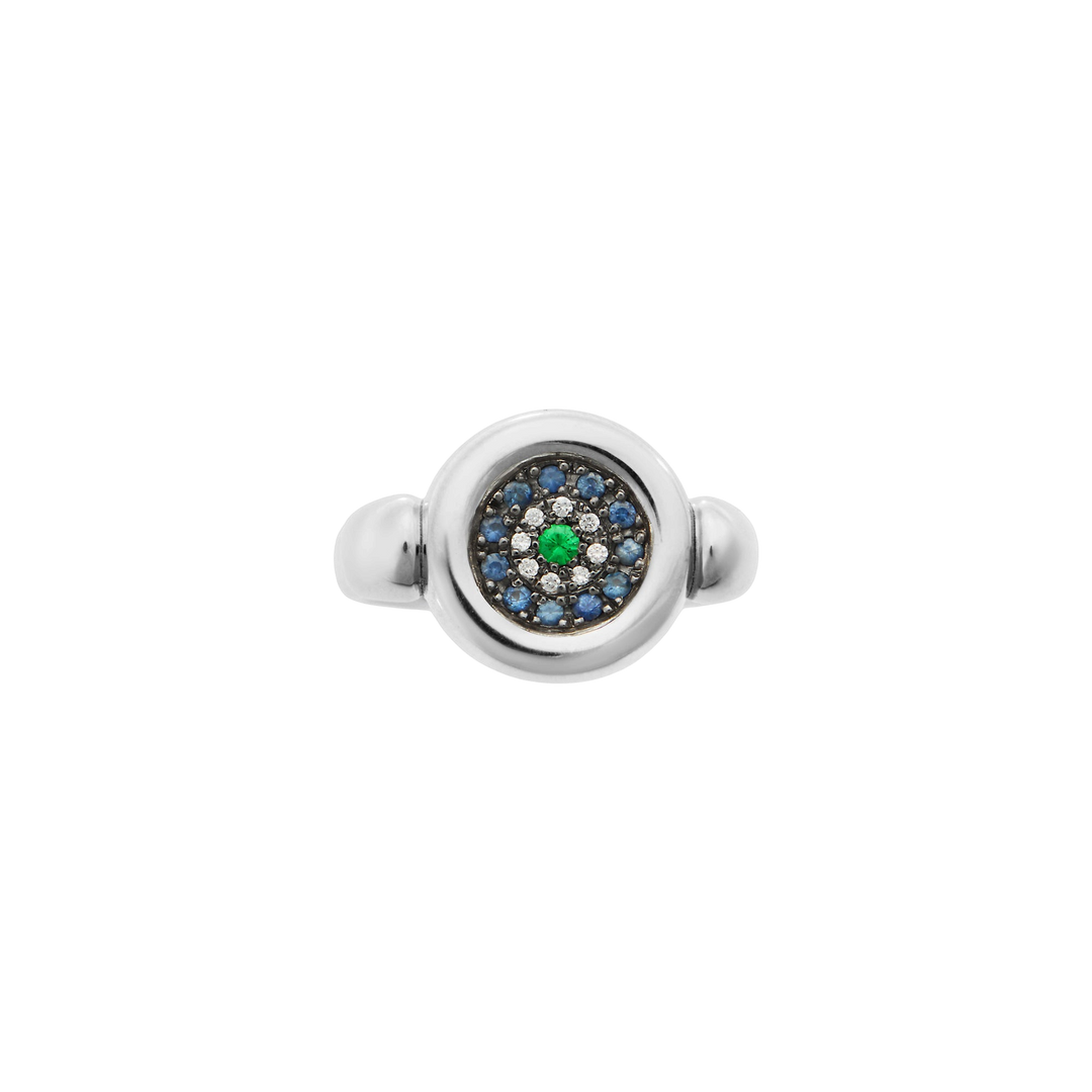 Round Eye Ring —  Blue Sapphires, White Diamonds & Tsavorite