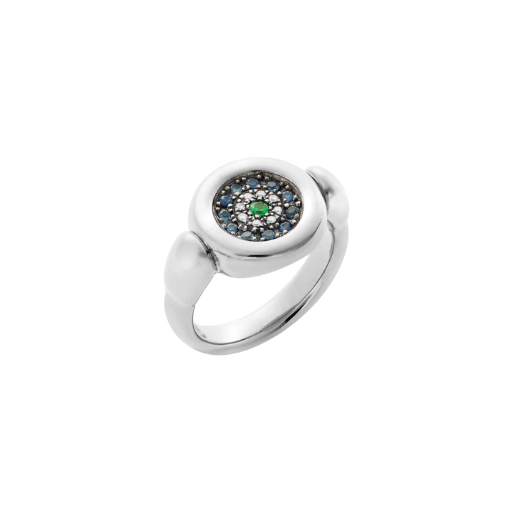Round Eye Ring —  Blue Sapphires, White Diamonds & Tsavorite