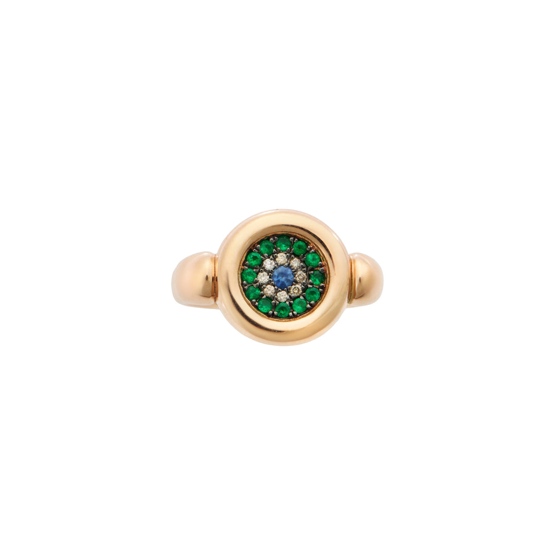 Round Eye Ring —  Emeralds, Champagne Diamonds & Blue Sapphire