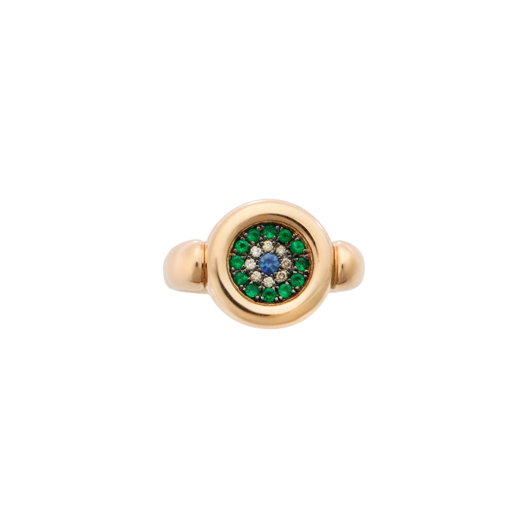 Round Eye Ring —  Emeralds, Champagne Diamonds & Blue Sapphire