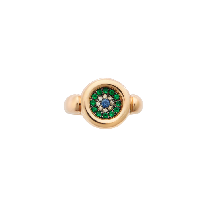 Round Eye Ring —  Emeralds, Champagne Diamonds & Blue Sapphire