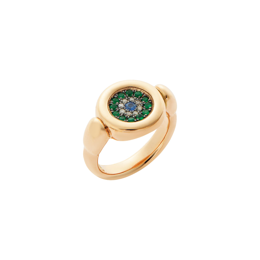 Round Eye Ring —  Emeralds, Champagne Diamonds & Blue Sapphire