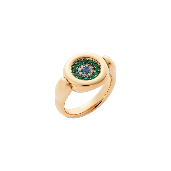 Round Eye Ring —  Emeralds, Champagne Diamonds & Blue Sapphire