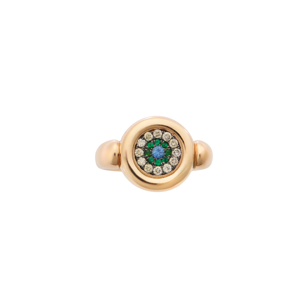 Ileana Makri round eye ring in 18k rose gold with a blue sapphire, emeralds, and champagne diamonds.