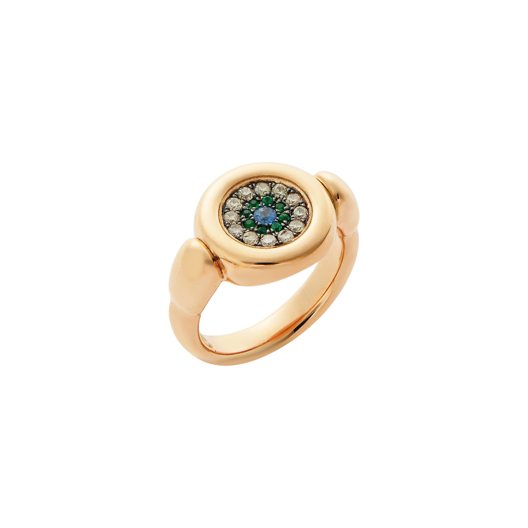 Ileana Makri 18k rose gold round eye ring with blue sapphire, emeralds, and champagne diamonds.