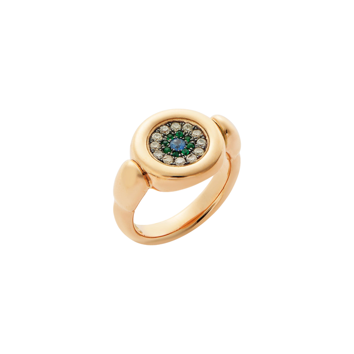 Ileana Makri 18k rose gold round eye ring with blue sapphire, emeralds, and champagne diamonds.