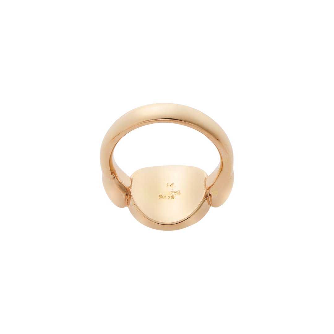 Back view of Ileana Makri Round Eye Ring in 18k rose gold showing hallmark engravings on the smooth band interior