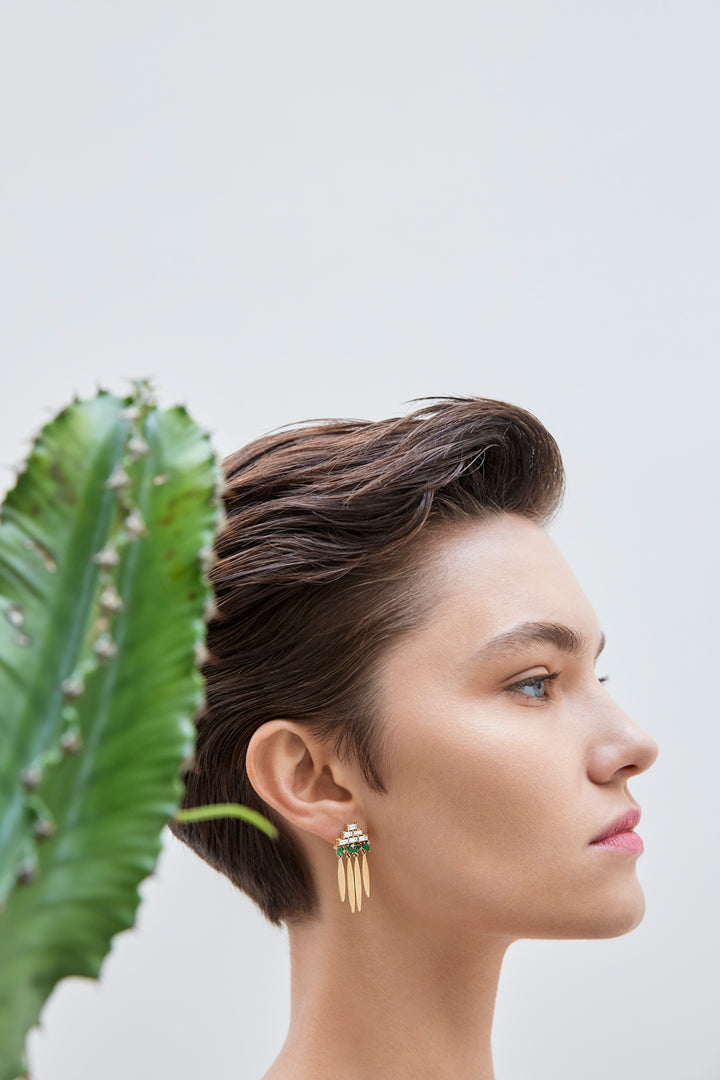Grass Spike Diamond & Emerald Earrings