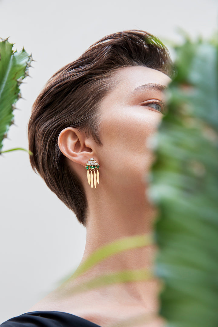 Grass Spike Diamond & Emerald Earrings