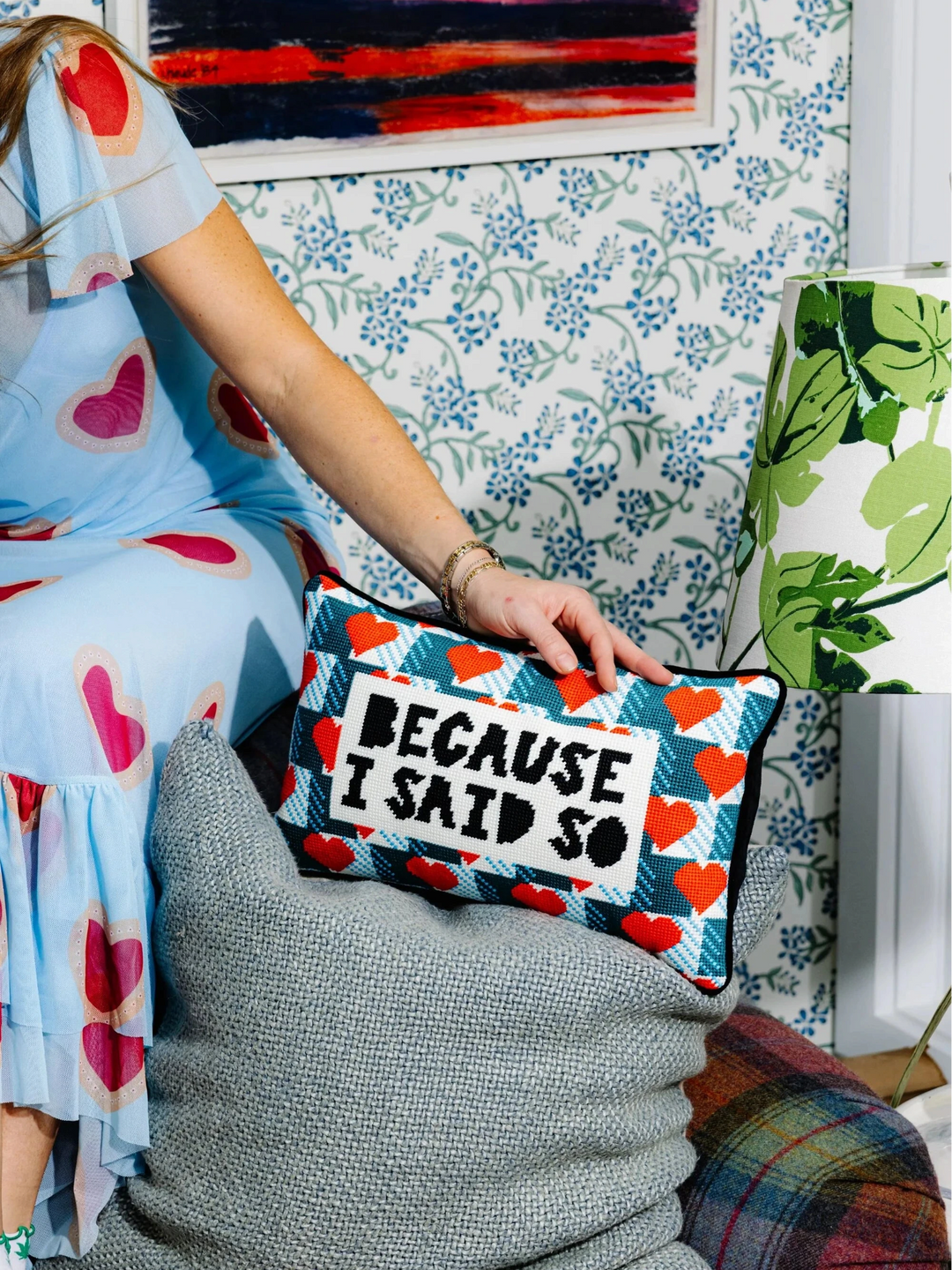Ileana Makri needlepoint pillow featuring the phrase Because I Said So with a red heart and blue plaid pattern